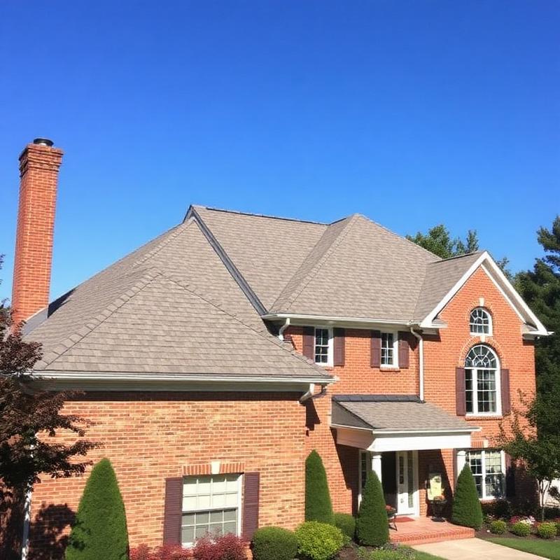 Completed architectural shingle roof on a two-story brick home
