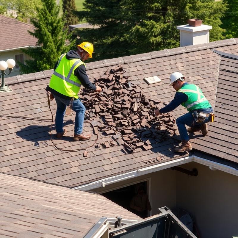 Roofing crew tearing off old shingles on a home