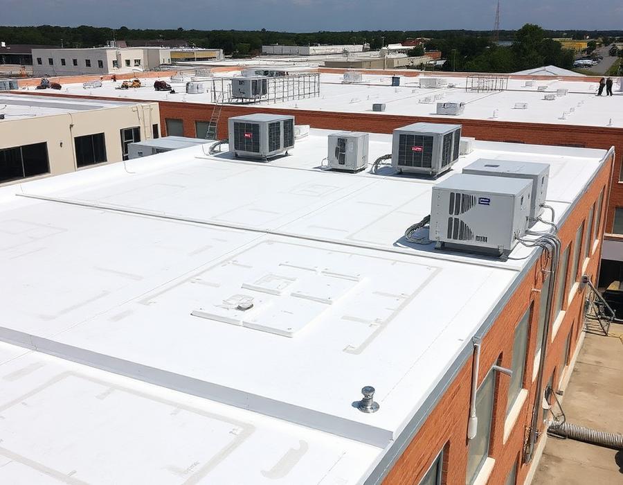Flat commercial roof with TPO membrane and rooftop HVAC units