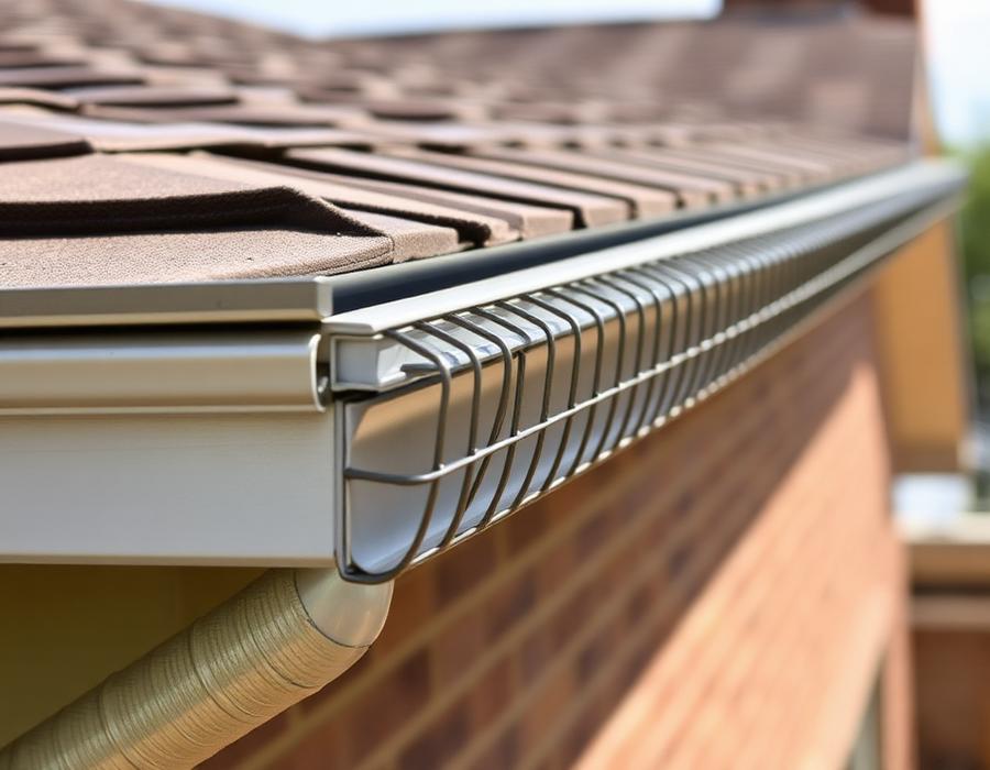 Seamless metal gutter with a gutter guard along a roofline