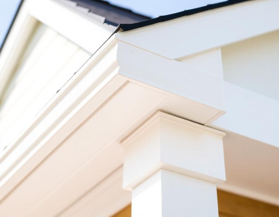 Clean white soffit and fascia trim under a roof eave
